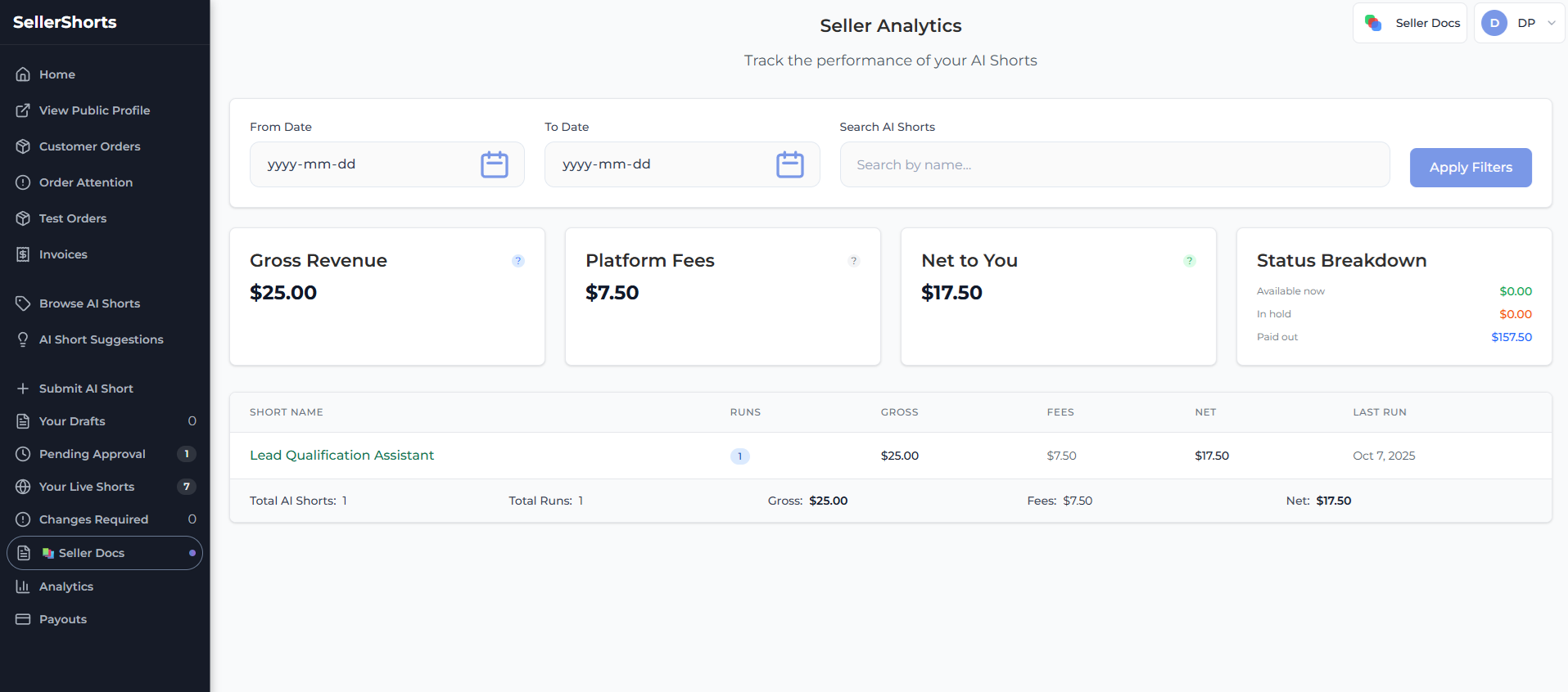 Earn from Sales interface showing earnings analytics and performance metrics